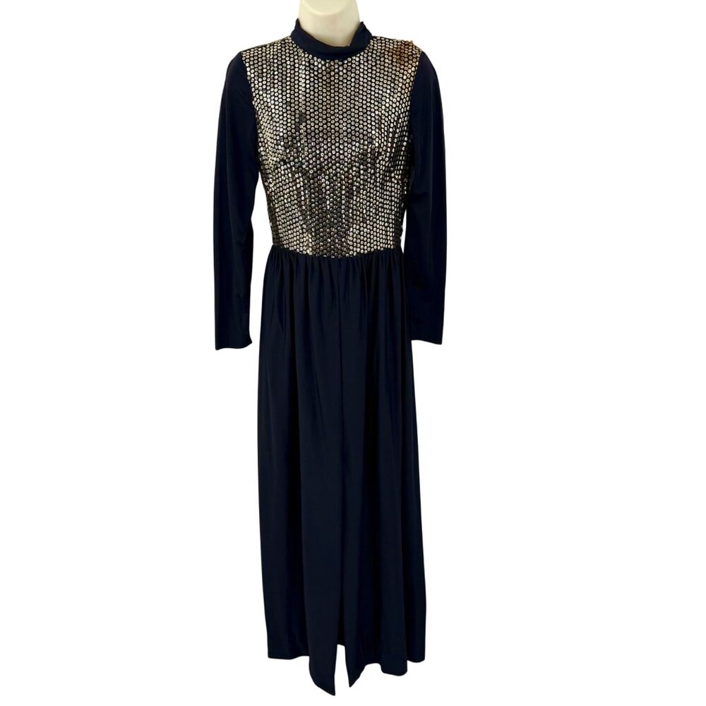 VINTAGE 60'S GOLD SEQUIN BLACK LONG SLEEVE MAXI DRESS RETRO GLAM